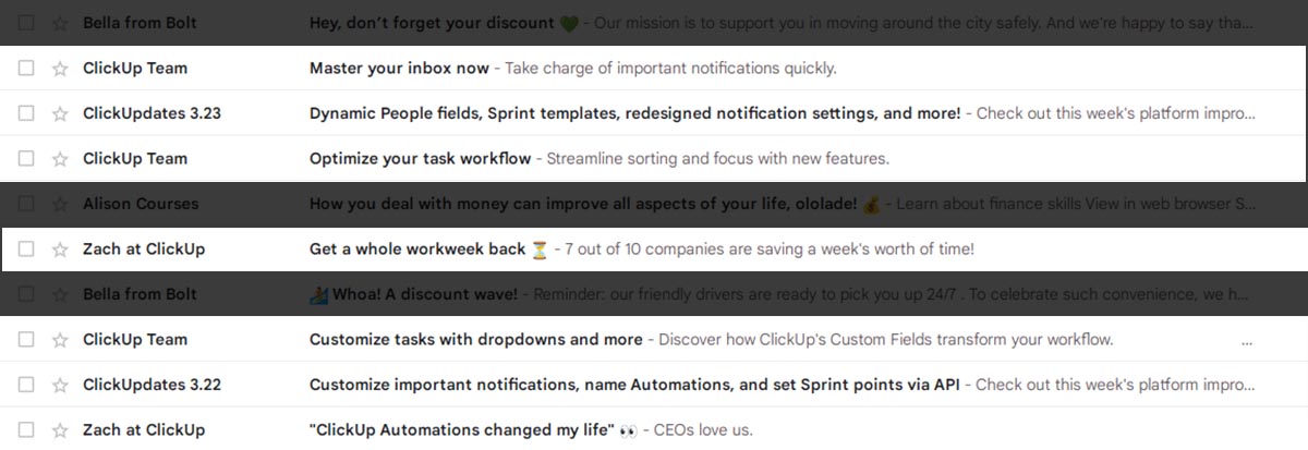 ClickUp subject lines addressing the users' issues
